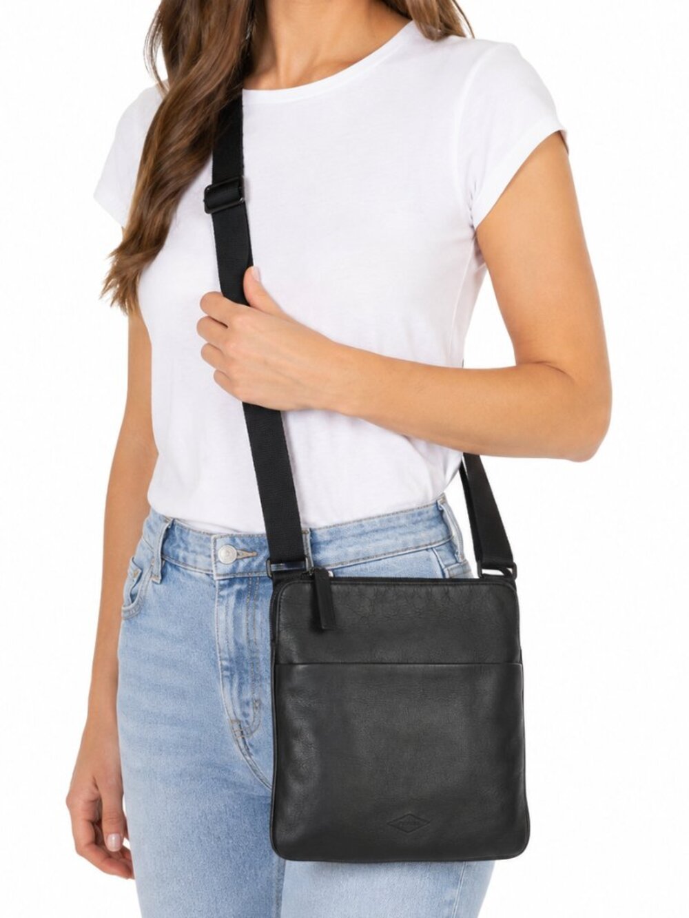FOSSIL City Crossbody Bag Black Buffalo Leather Adjustable Strap Minimalist